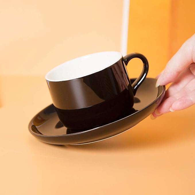 8oz Cappuccino Cups Set of 6, Tea Cups with Saucers and Spoons, Black Ceramic Tea Cups Set Coffee Mugs for Tea Cappuccino Espresso Latte Mocha Au Lait Macchiato Cafe