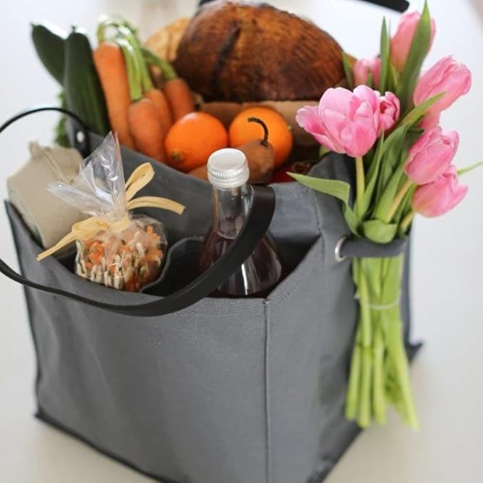CapaBunga Farmer's Market Tote Shopping Bags with Handles - 7 Pocket Large Utility Tote Bag - Heavy Duty Canvas Utility Bag with Vegan Leather Base - Reusable Tote Bag - Grey Grocery Bag