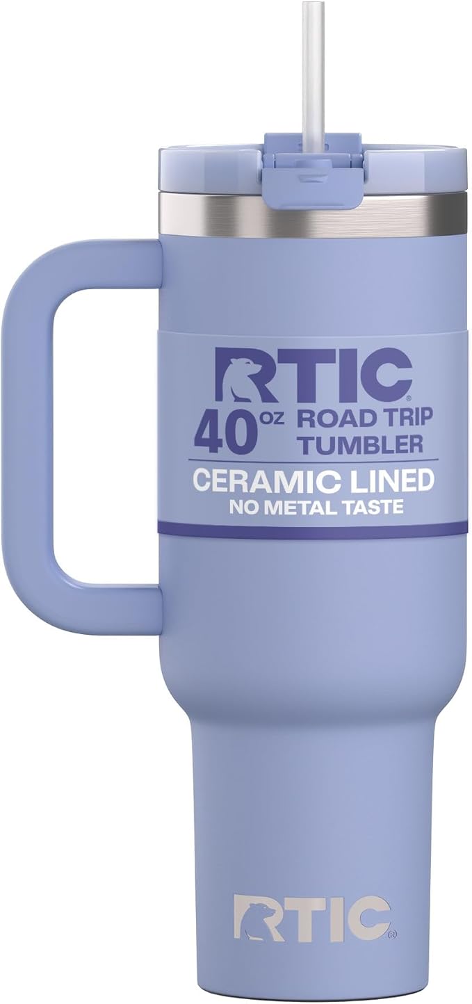 RTIC 40 oz Road Trip Tumbler Double-Walled Cermaic Lined Insulated Stainless Steel Portable Travel Coffee Mug Cup with Lid, Handle and Straw, Periwinkle