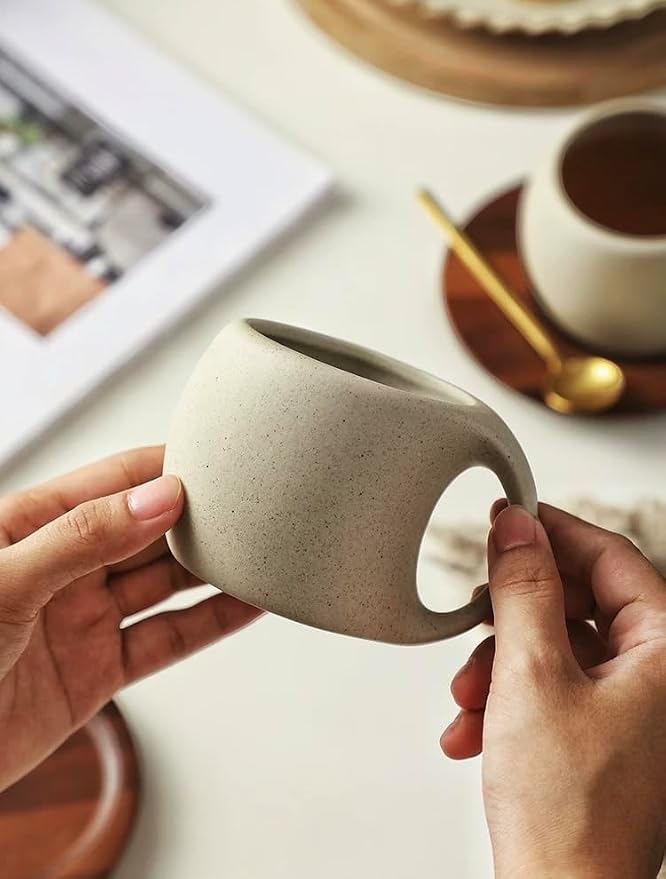 6 oz Clay Cup and Wood Saucer Set of 1, Ceramic Coffee Latte Art Mug With Saucer, Cafe Cups for Cappuccino, Espresso, Coffee, Tea, Porcelain Set for Baristas, Great Gift
