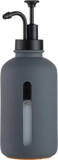Enra Glass Soap Dispenser with Window, 17oz Dark Gray Stainless Steel Hand Pump for Bathroom Kitchen - Countertop Lotion Bottle (Dark Gray-Round-Liquid)