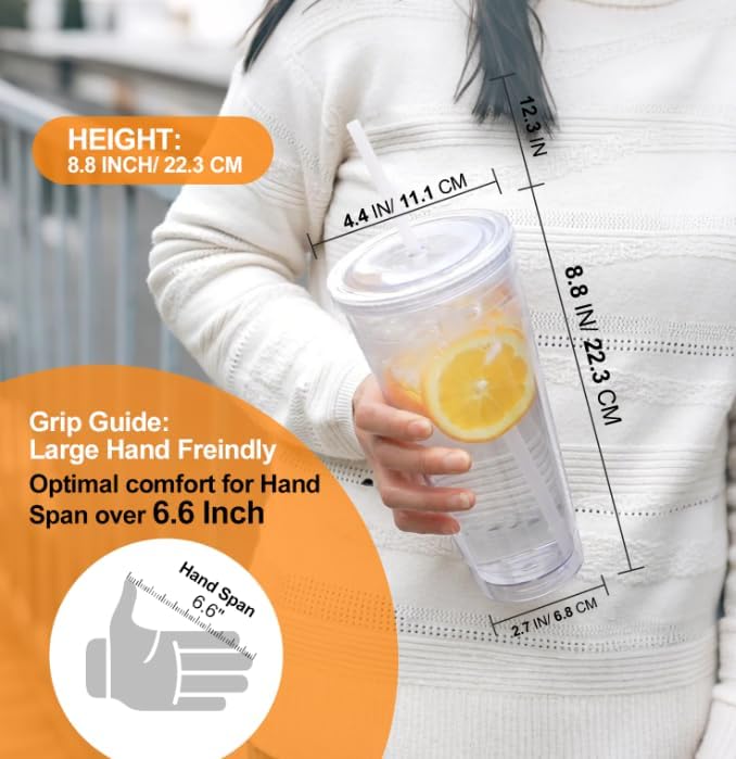 Zukro Clear Tumbler with Lid and Straw 32 oz, Wide Mouth Double Walled Insulated Reusable Acrylic Plastic Iced Coffee To Go Cup for Loaded Tea, Water, Lemonade, Fit in Cupholder, BPA Free, 2 Pack