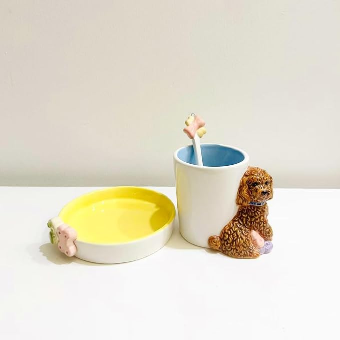 Ceramic Animal Coffee Mug Cup and Saucer Set，200ML(6.8OZ) 3D Hand-painted Tea Cup with Spoon (Reddish Brown)