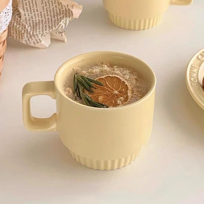 12OZ Stackable Coffee Mugs Set, Ceramic Coffee Cups with morandi color for Au Lait, Cappuccino,Latte,Cafe,Mocha,Tea, Suit Party Housewarming Wedding, Set of 4, Dishwasher&Microwave Safe（Creamy）