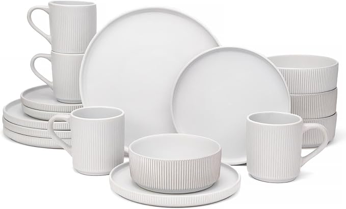 OTAGO 16-Piece Dinnerware Set for 4 with Mugs, Ribbed Stoneware Plates and Bowls Sets, Unique Handcrafted Reactive Glaze, Chip and Scratch Resistant Dish Set, Microwave & Dishwasher Safe, White