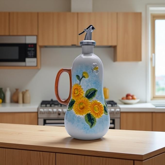 18.26oz/540ml Decorative Olive Oil Dispenser Bottle for Kitchen,Hand Painted Relief Ceramic Olive Oil Bottle,Ceramic Oil Container (B-Sunflower)