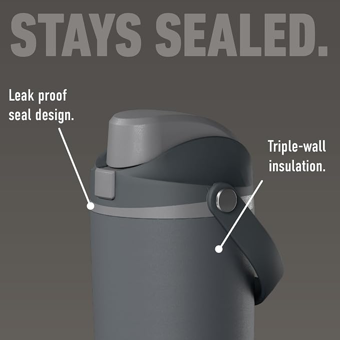 Hydrapeak Roamer 32oz Insulated Water Bottle with Straw Lid w/Lock & Handle, Leakproof Stainless Steel, Rubber Grip Base, Travel and Cupholder Friendly, Keeps Drinks Cold 24 Hours (Grey Matter)