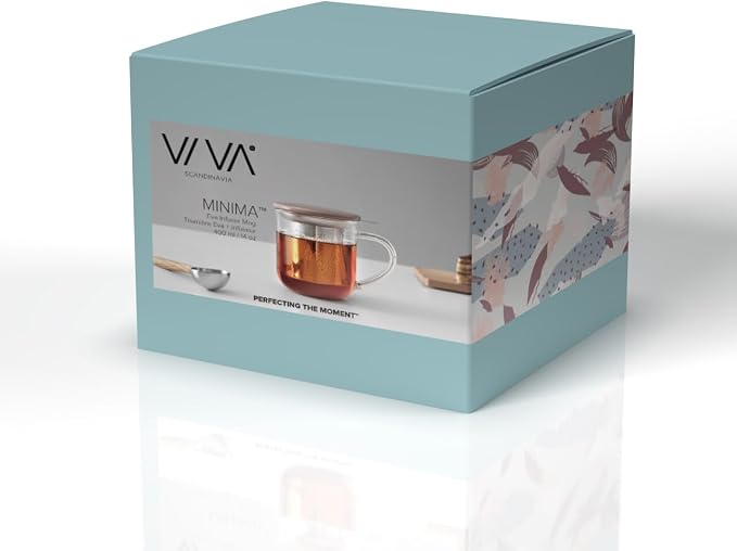 VIVA Minima Eva Glass Tea Cup with Mesh Infuser - Coffee Mug With Porcelain Lid/Saucer - 14 oz / 400 ml, Brown