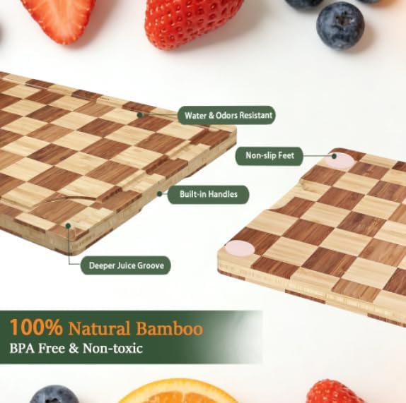 Bamboo Cutting Board Set of 3 for kitchen Checkered End Grain Wood Chopping Boards with Storage Stand & Deeper Juice Grooves | Wooded Butcher Block for Meat, Cheese, Charcuterie & Kitchen Prep