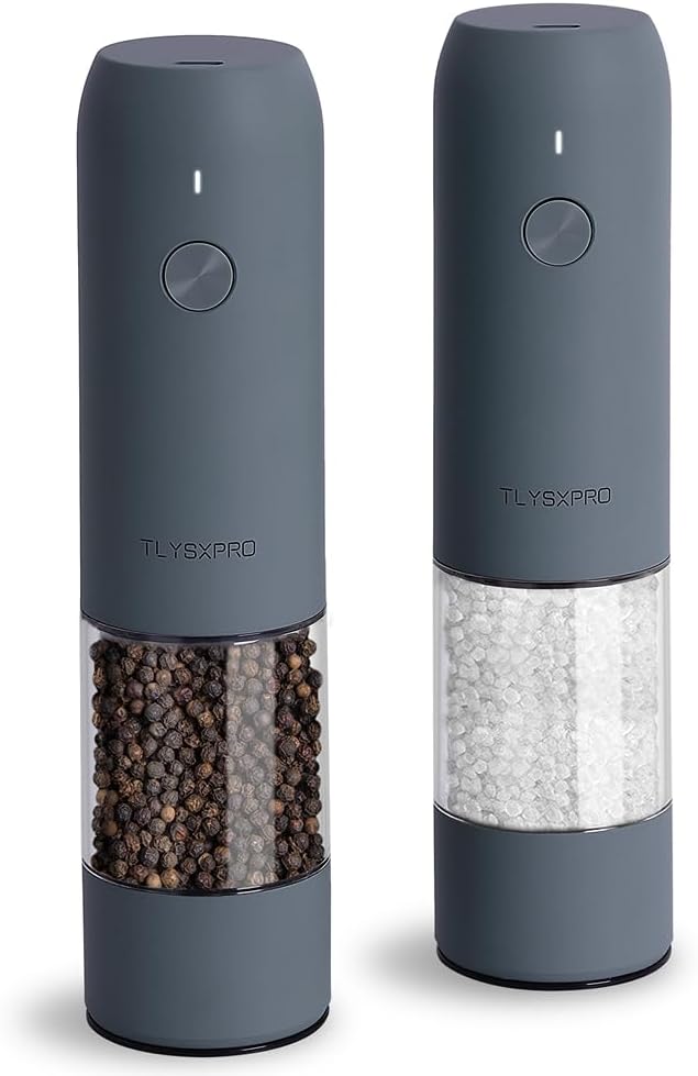 TLYSXPRO Electric Salt and Pepper Grinder Set with USB Rechargeable, Automatic One Hand Operation with Adjustable Coarseness, Pepper Mill Grinder Refillable with LED Light (2 Packs, Blue-Grey)