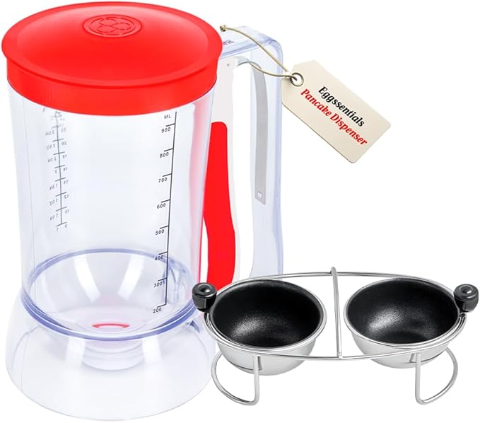 Eggssentials Pancake Batter Dispenser - Batter Dispenser with Squeeze Handle for Cupcakes - Pancakes - egg Poacher Insert Stainless Steel Poached Egg Cooker Eggs Poaching Cup PFOA Free Egg Poachers