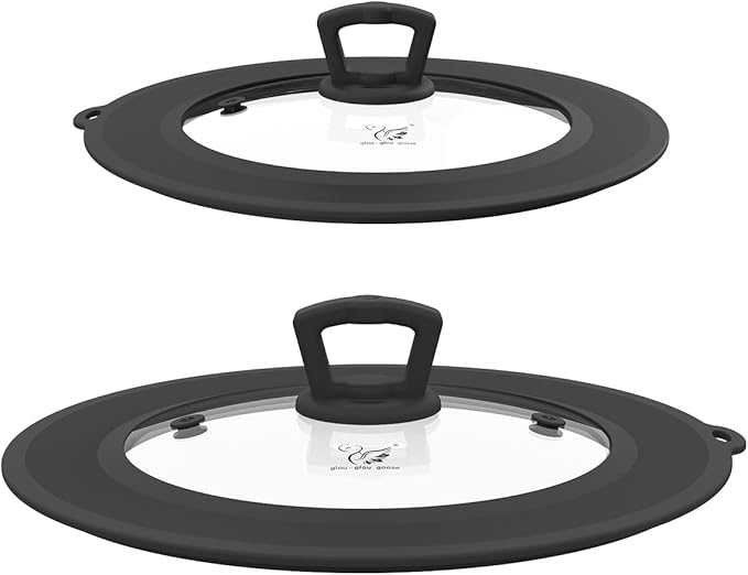 Set of 2 Vented Tempered Glass Universal Lid for Pot Pan Skillet with Heat Resistant Silicone Microwave Safe Splatter Lid Cover Fit 8” 8.5” 9“ and 9.5“ 10” 10.5“ 11”, Black