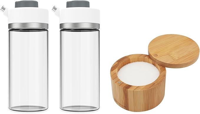 KITCHENDAO Precision Pour Glass Oil Dispenser and Bamboo Salt Cellar Bowl Box