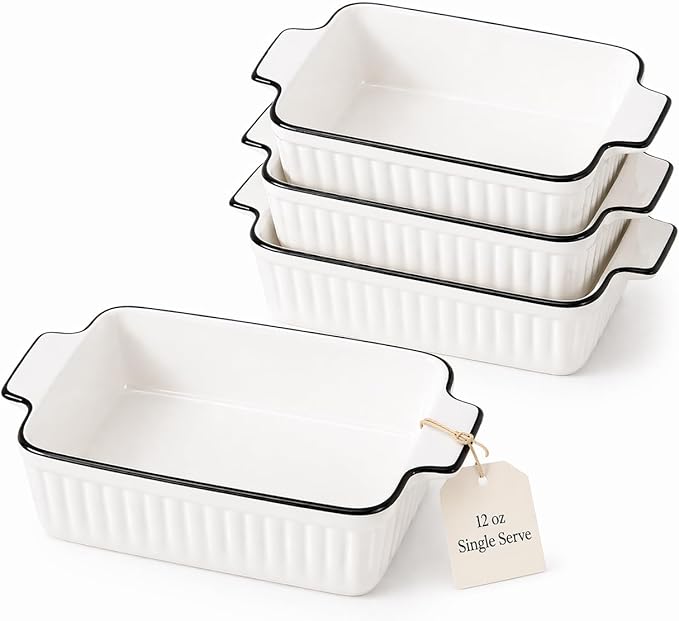 12 Oz Casserole Dish, Ceramic Baking Dishes Sets of 4, Small Casserole Dish with Handle, Porcelain Bakeware Sets, 5" Rectangular Baking Serving Dish for Casserole, Cakes, Dishwasher Oven Safe