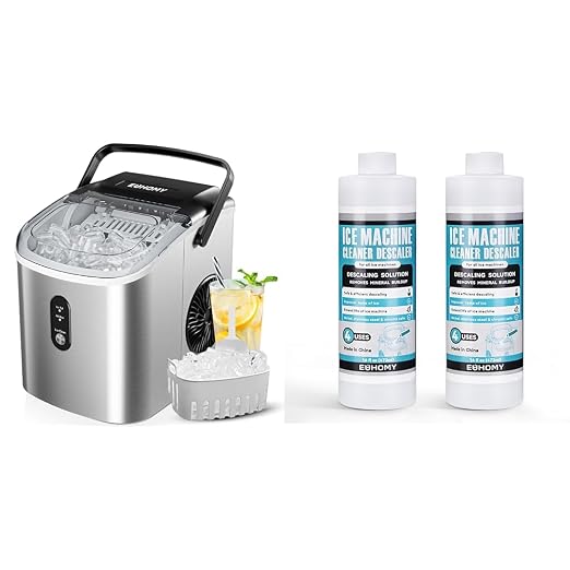 EUHOMY Countertop Ice Maker Machine with Handle, 26.3lbs Per Day, 9 Cubes in 6 Mins + Ice Machine Cleaner Descaler, 32 Fl OZ Ice Maker Cleaner (8 Uses)