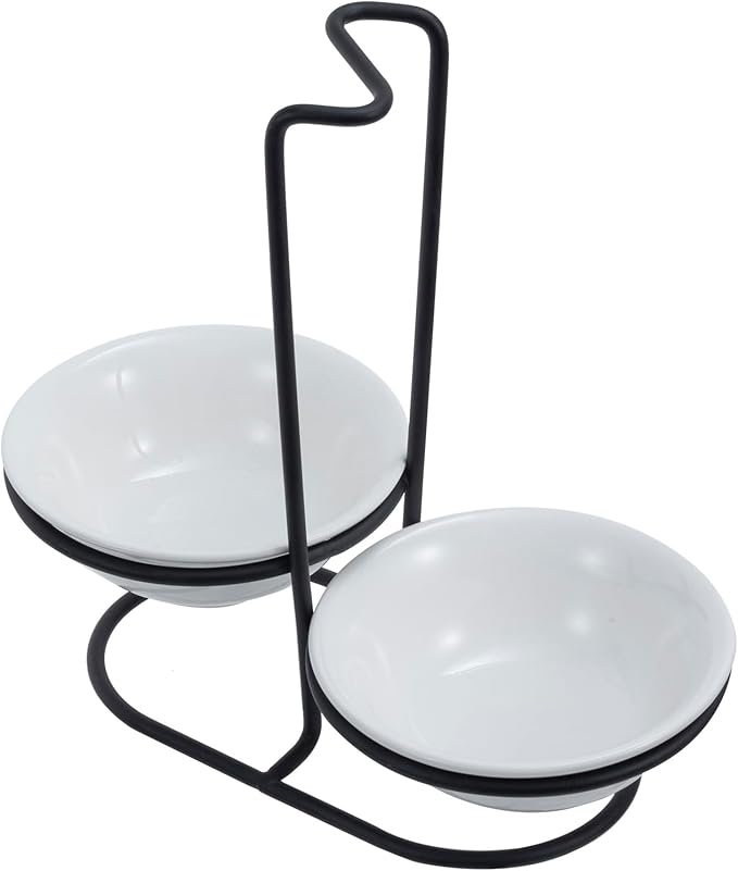 MyGift Countertop Ceramic Spoon Rest with Matte Black Metal Stand, Upright Ladle Holder Rack with 2 Bowl Dish