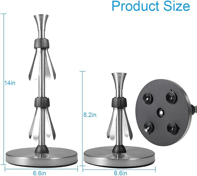 Picowe Stainless Steel Paper Towel Holder, Designed for Easy One-Handed Operation, Sturdy Weighted with Suction Cups Paper Towel Dispenser Countertop, FIt for Standard Paper Towel Rolls