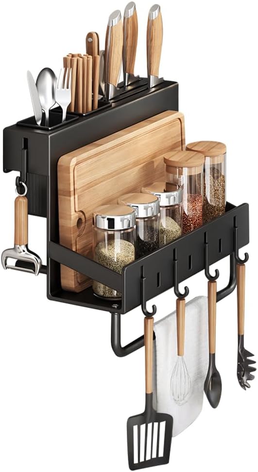 Multifunctional Wall-Mounted Knife Holder Kitchen Utensils Holder Spice Storage Organizer Rack for Knives, Spoons, Chopsticks, Towels, Pot Lids, Spice Jars (Black)
