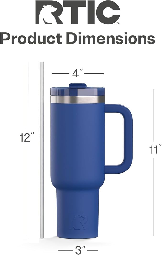 RTIC 40 oz Road Trip Tumbler Double-Walled Cermaic Lined Insulated Stainless Steel Portable Travel Coffee Mug Cup with Lid, Handle and Straw, Cobalt