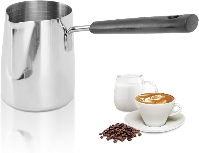 Classics Turkish Coffee Pot, 35oz/1000ml Stainless Steel Milk Frothing Jug Long Handle Coffeware Pull Flower Toroid Pitcher Milk Warmer Hot Chocolate Maker
