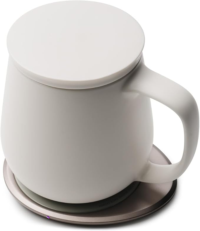 OHOM Ui+ Self-Heating Mug Set – Jasmine White | 18 fl oz / 532 mL Ceramic Coffee & Tea Mug Set with Heating Pad