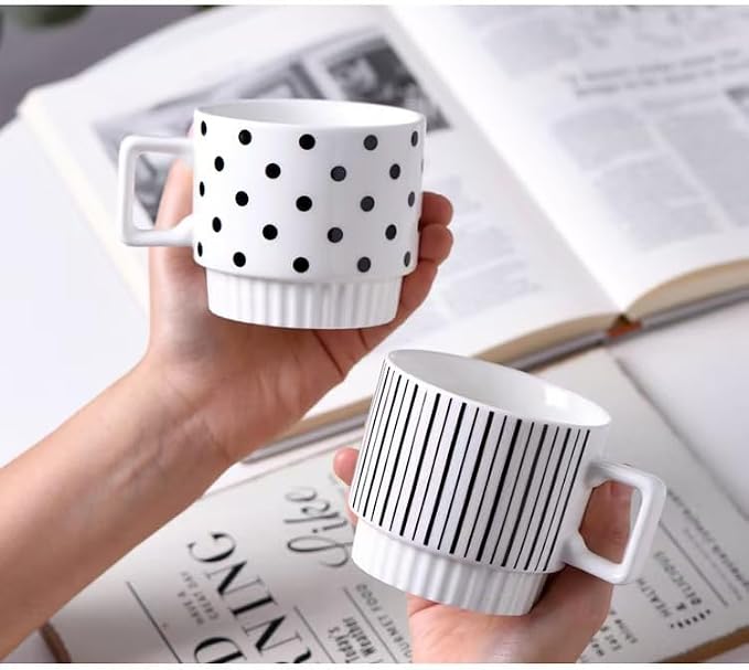 Stackable Coffee Mugs Set of 2, Simple Geometric Patterns Coffee Mug, 12oz Tea Cup Set, Espresso Cups, Stacked Mug Set for Household Party Housewarming Gift（1）