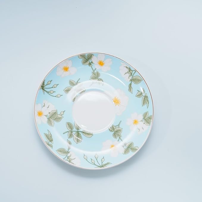 Bone China Tea Cup and Saucer Set with Spoon，Elegant Floral Tea Cup Set (7 oz)，British Coffee Latte Mug for Birthday Party Christmas gift for Friends