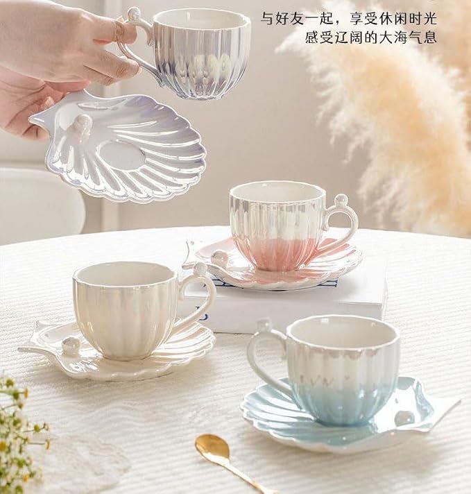 Pearl floral Ceramic Coffee Mug with Coaster Set for Tea Latte Milk Cute Cup with Saucer for Home Office Women Gift 6.5 oz (petal blue, 240 ml)