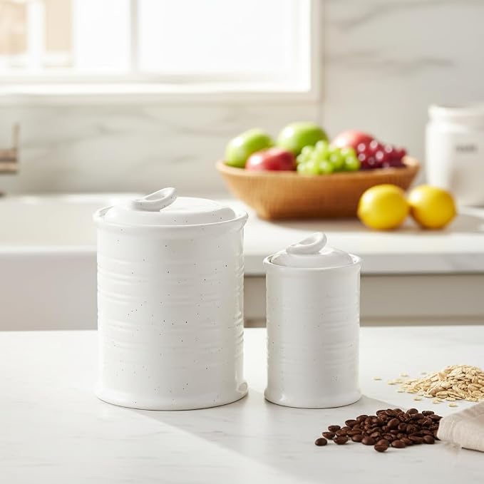Nihow Food Storage Jar,Ceramic Canister Sets for The Kitchen,Set of 2,White | Air Tight Lid,For Flour/Sugar/Rice/Coffee/Cookies/Candy,Kitchen Counter Canister/Dishwasher Safe