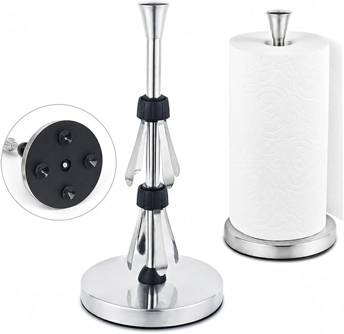 Paper Towel Holder Countertop with Suction Cups - Heavy Duty (2.9 lbs) Stainless Steel Paper Towel Dispenser, One-Hand Tear for Kitchen, Fits Standard & Mega Rolls