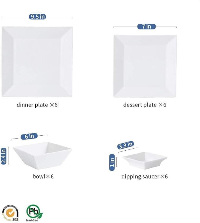 Porlien Off-White Porcelain Dinnerware Set (24 Piece Dinnerware Set), Square Dishes Set for 6 Person, Chip Resistant Dinnerware Set, Square Plates and Bowls Sets, Durable Everyday Dishes