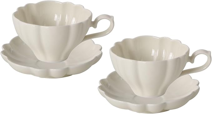 Flower Shaped Ceramic Coffee Cup Teacup with Saucer, Set of 2