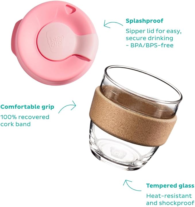 KeepCup Brew Cork, Reusable Glass Tumbler with Natural Cork, Short Coffee Cup 8oz/227ml - Moonlight