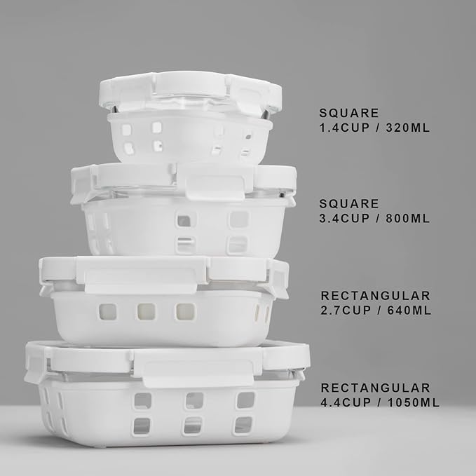 GENICOOK Glass Food Storage Meal Prep Containers - Food Grade Silicone Wrap & Air Release Vent, Rectangular shape - 8 Pc Set (4 Containers - 4 Matching Lids)