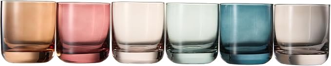 Khen Colored Old-Fashioned Drinking Glasses | Set of 6 | 9.6oz Art Deco Stemmed Glasses for Whiskey, Martini, Cocktail, Champagne, Wine | Muted Pastel Colors