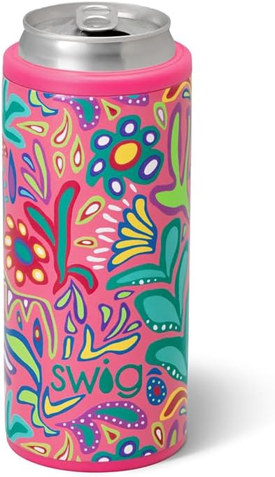 Swig Life Skinny Can Cooler, 12oz Insulated Slim Can Holder, Stainless Steel Cans Cooler, Covers for Tall Beer Bottles, Beach Accessories for Women (Flora Rosa)