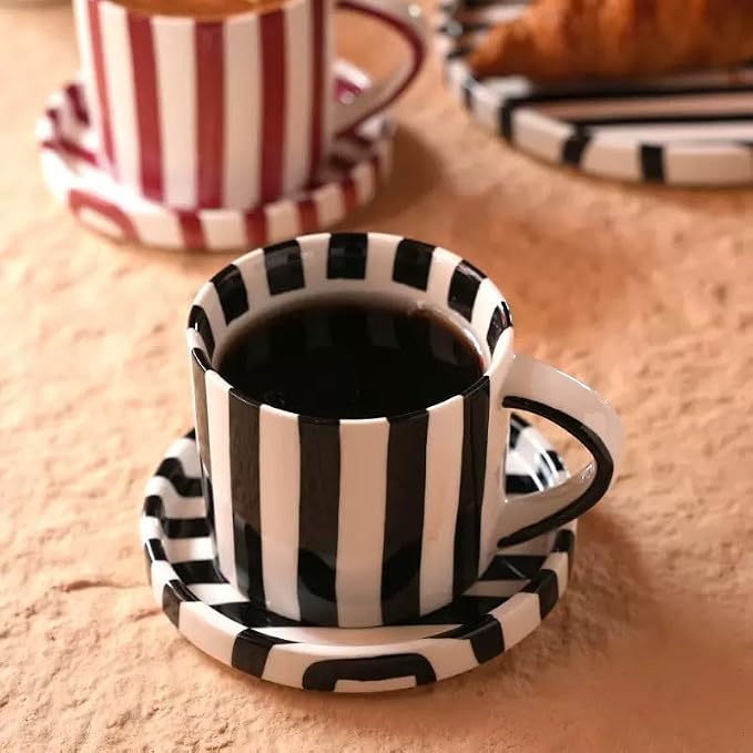 Cup and Saucer Set Hand-Painted Black Stripes, 8 Oz Ceramic Coffee Mug, Espresso Cups, Porcelain Coffee Cup for Cappuccino, Espresso, Coffee, Tea, Cafe Mocha, Latte, Set of Cup Gift for Coffee Lover