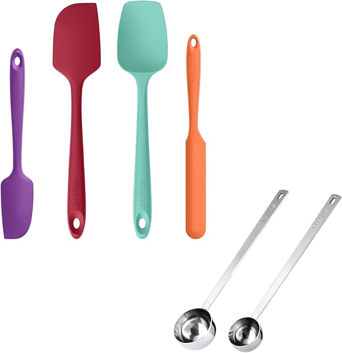 U-Taste 600ºF Heat Resistant BPA Free Silicone Spatula Set of 4 (Multicolor), and 18/8 Stainless Steel 8in Long Coffee Scoop Set of 2, 1&2Tbsp(15&30ml)