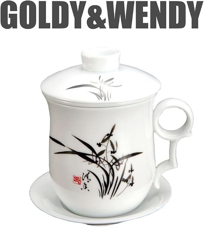 GOLDY&WENDY Ceramic Tea Mug with Infuser Lid and Saucer Sets Chinese Porcelain Personal Tea Cup Great for Tea Lover Gift