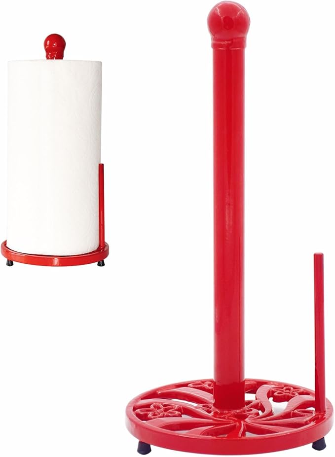 Red Cast Iron Paper Towel Holder for Kitchen Countertop - Vintage Daffodil Standing Dispenser with Heavy Weighted Base, Antique Farmhouse Decor, Fits Jumbo Rolls, One-Handed Tear