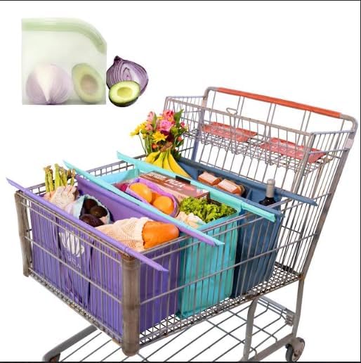 Lotus Trolley Bags + Reusable Silicone Food Storage Bags Bundle – Club Cart Grocery Bag Set w/Insulated Cooler & Egg/Wine Holder + BPA-Free Silicone Ziplock Bags for Kitchen & Meal Prep