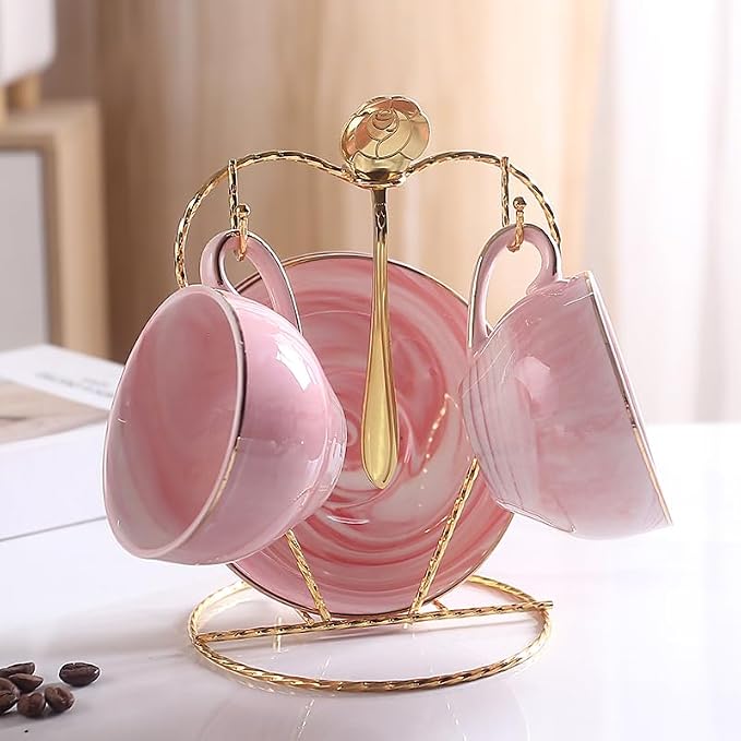 Ceramic Espresso Cups Set with Saucers and Metal Stand, 4 oz Porcelain Stackable Cappuccino Cups Teacup For Tea, Espresso, Latte, Coffee, Cafe Mocha (Pink