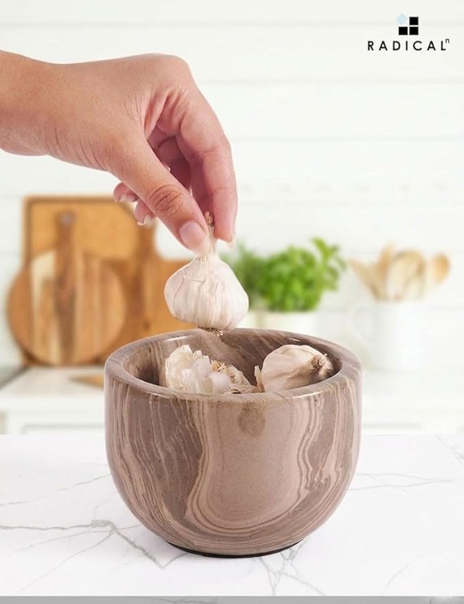 Radicaln Marble Garlic Keeper With Lid 4.5 Inch Natural Brown Handmade Garlic Storage and Garlics Container For Kitchen, Keep Fresh Garlic Cloves, Ideal Garlic Keeper for Counter