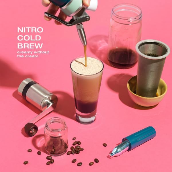 Premium 1L Nitro Coffee Maker, Aluminum Nitro Cold Brew Coffee Maker with Nitro Diffuser Nozzle & Cold Brew Pitcher for Making Nitro Cold Brew, 1 Quart/1L, Includes (10) N2 Cartridges