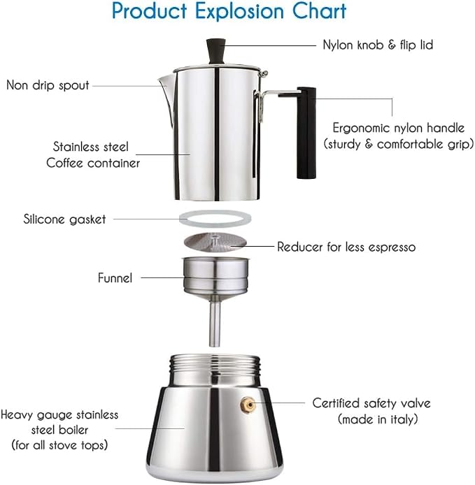 Easyworkz Pedro Stovetop Espresso Maker 6Cup 300ml Stainless Steel Italian Coffee Machine Maker Moka Pot Induction Espresso Pot