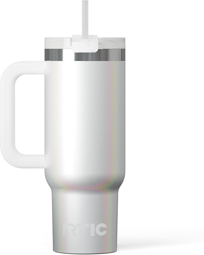 RTIC 30 oz Road Trip Tumbler Double-Walled Ceramic Lined InsulatedStainless Steel Portable Travel Coffee Mug Cup with Lid, Handle and Straw, White Glitter