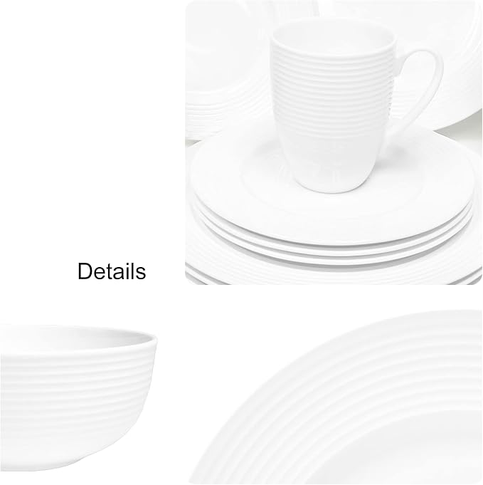 Bone China 16 Piece Dinnerware Dish Set, Service for 4, White Embossed Circle, Microwave Safe, Translucent, Elegant giftware, Essential Home, Formal and Everyday Living, Kitchen Dishes, Dinner Set