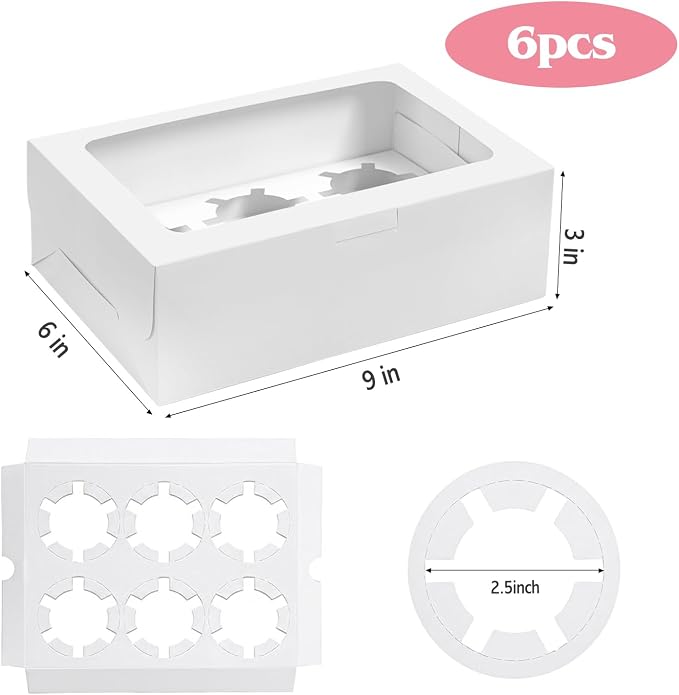 TOMNK 6 Count White Cupcake Boxes with Window - 36 Total Capacity Cupcake Carrier Sets for Birthday Holiday Party Bakery Supplies