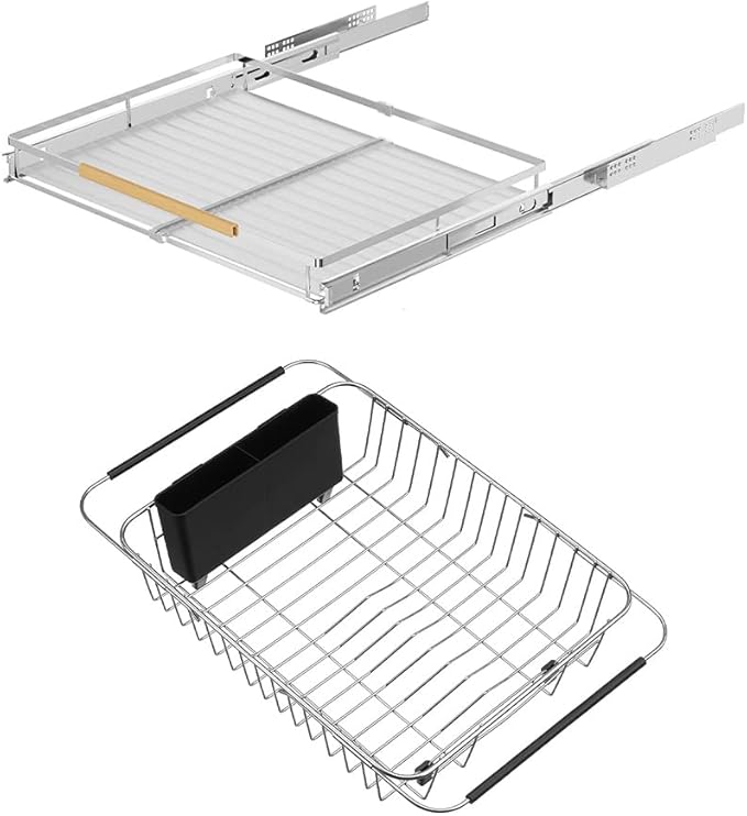 SANNO Expandable Pull Out Drawers for Kitchen Cabinets Organizer, Sliding Shelf Under Cabinet Organizers Expandable Dish Drying Rack On Counter