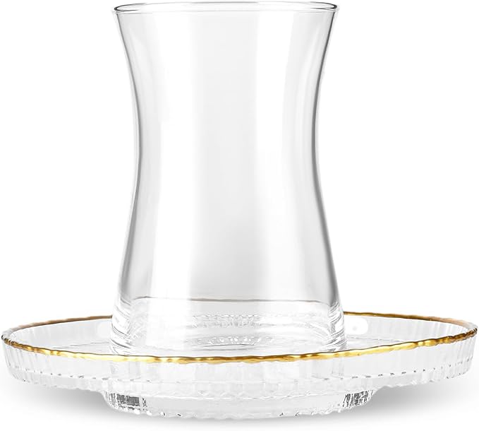 KARACA Nilufer 12-Piece Turkish Tea Glass & Saucer Set, 5.7 oz (170 ml) Gold Trim Clear Glass Tea Service for 6 People, Geometric Pattern Tulip Teacups with Saucers, Hand Wash Recommended